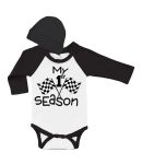 PandoraTees Baby Racing Bodysuit with Cap, My 1st Racing Season, Long Sleeve Bodysuit and Cap set (White/Black, 12-18 Months)